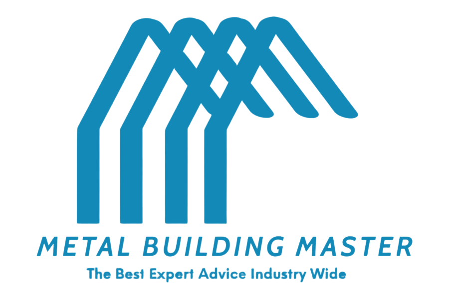 A blue logo with the words " metal building mast ".