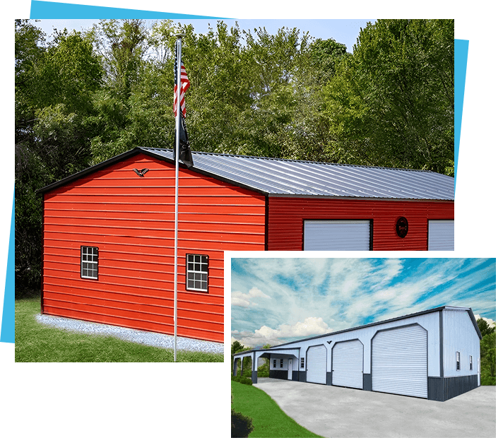 A red and white building next to two other buildings.