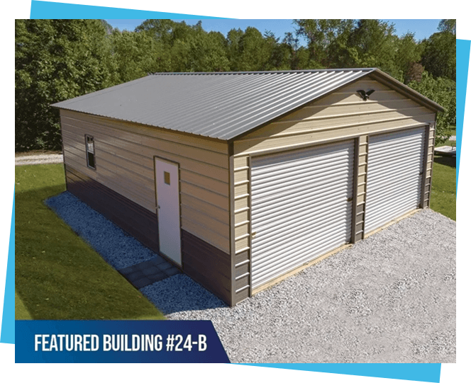 A metal garage with two doors and a driveway.