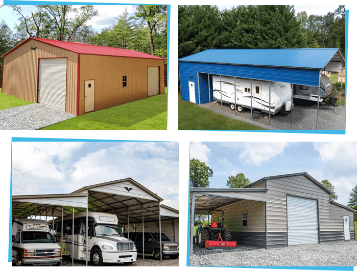 Four different pictures of a garage, truck and car.